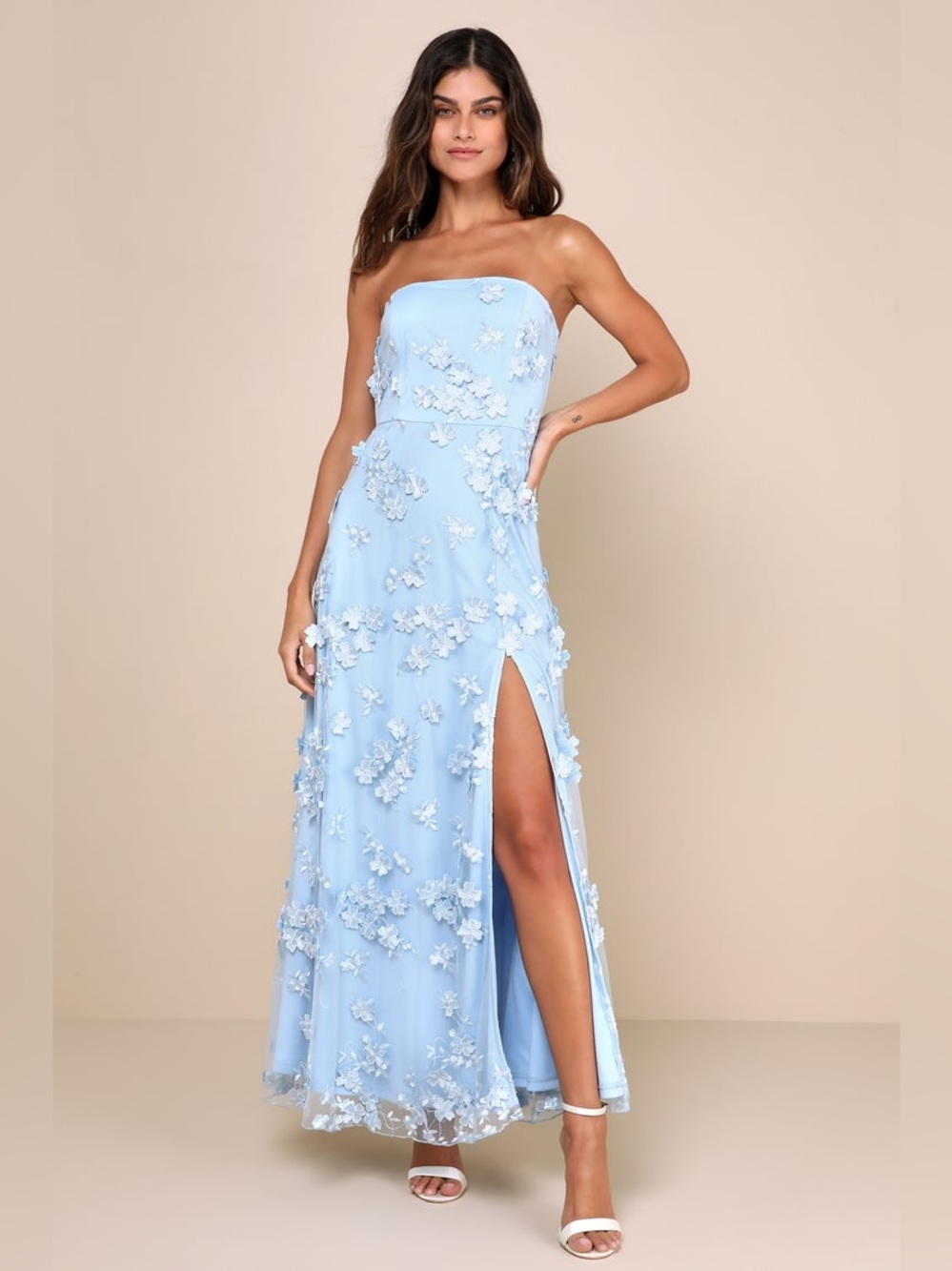 NWT Lulu's Light Blue Strapless 3D Floral Appliqué Gown Size M (fit S)